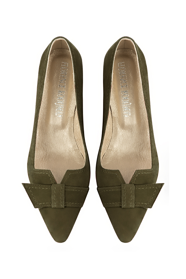 Women's khaki green dress pumps with a knot on the front. Tapered toe. Medium flare heels - Top view